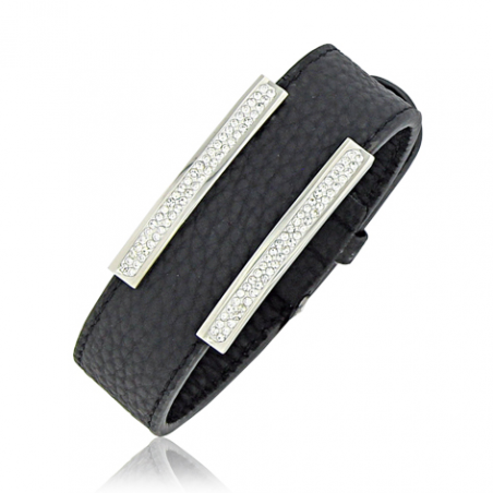 Bracelet acier cuir cristaux en 21 cm