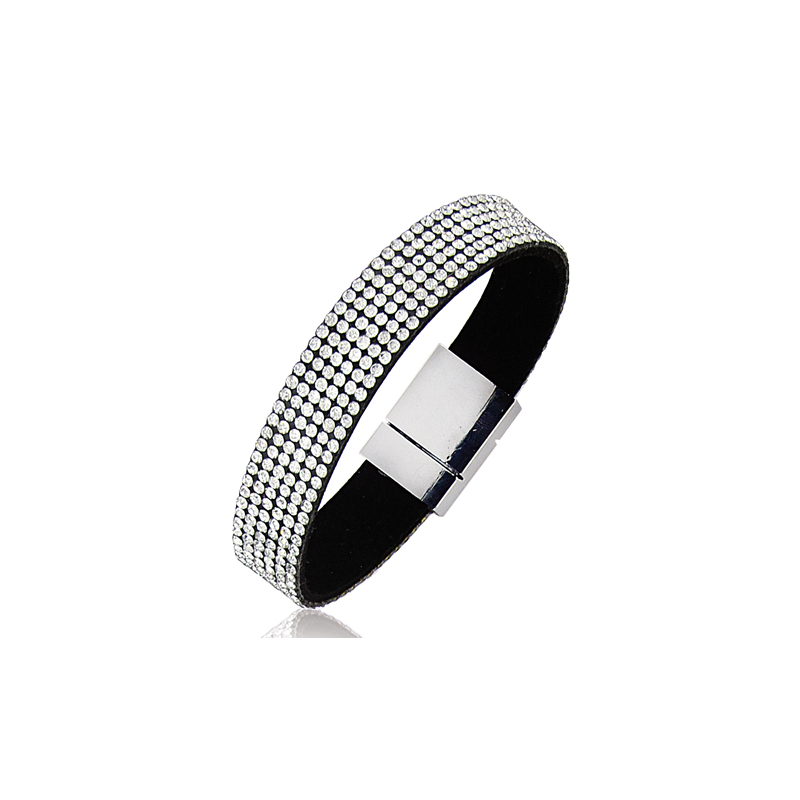 Bracelet Acier cuir strass blancs 18cm