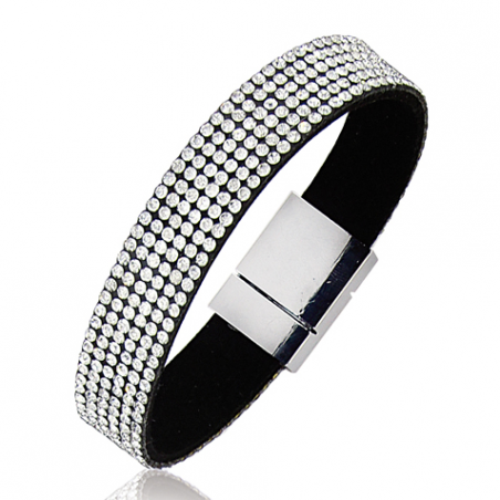 Bracelet Acier cuir strass blancs 18cm