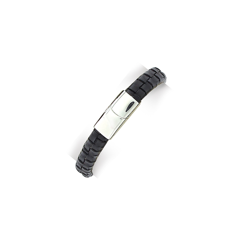 Bracelet acier cuir noir en 21 cm