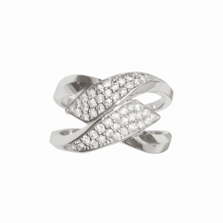 Bague croisé en argent et oxyde de zirconium rhodiée