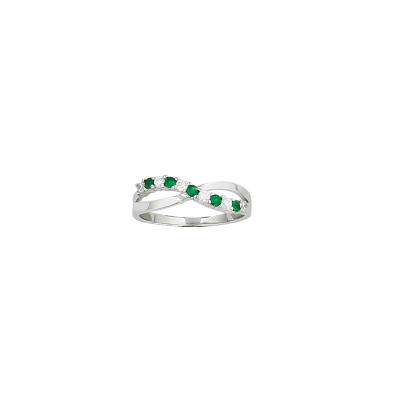 Bague en argent, anneaux croisés, oxyde de zirconium blanc et vert