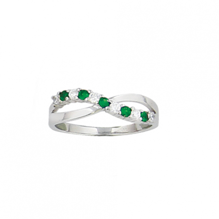 Bague en argent, anneaux croisés, oxyde de zirconium blanc et vert