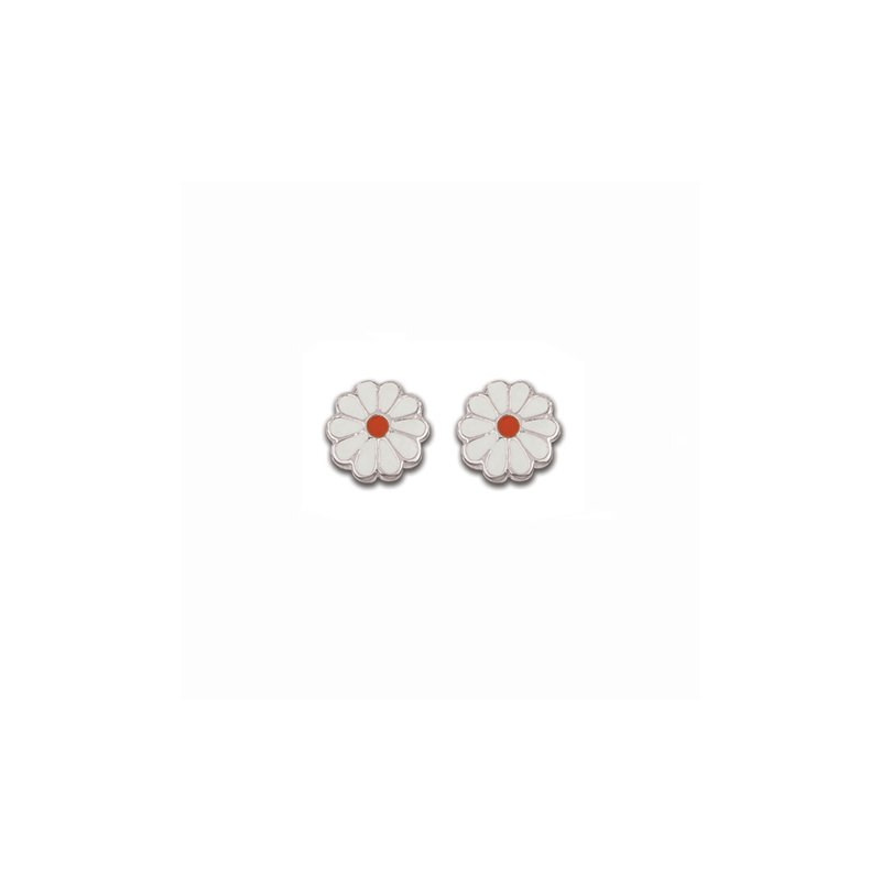 Boucles d'oreilles enfant en argent, motif fleur émaillée blanc et rouge