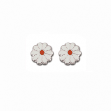 Boucles d'oreilles enfant en argent, motif fleur émaillée blanc et rouge