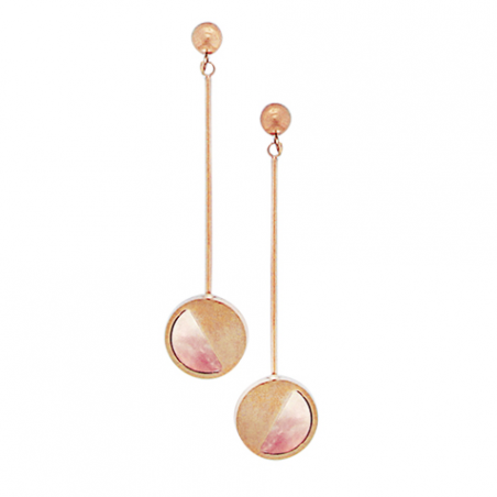 Boucles d'oreilles pendante en  acier rose, motif nacre rose