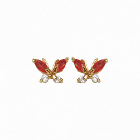 Boucles d'oreilles puces plaqué or et oxyde de zirconium blanc et rouge, motif papillon