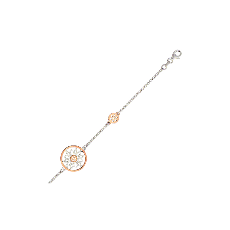 Bracelet bicolore en argent et doré or rose, motifs geometriques ajourés et pleins