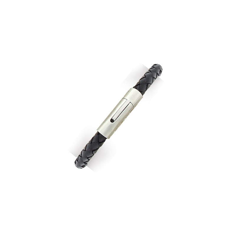 Bracelet en acier et cuir noir tressé