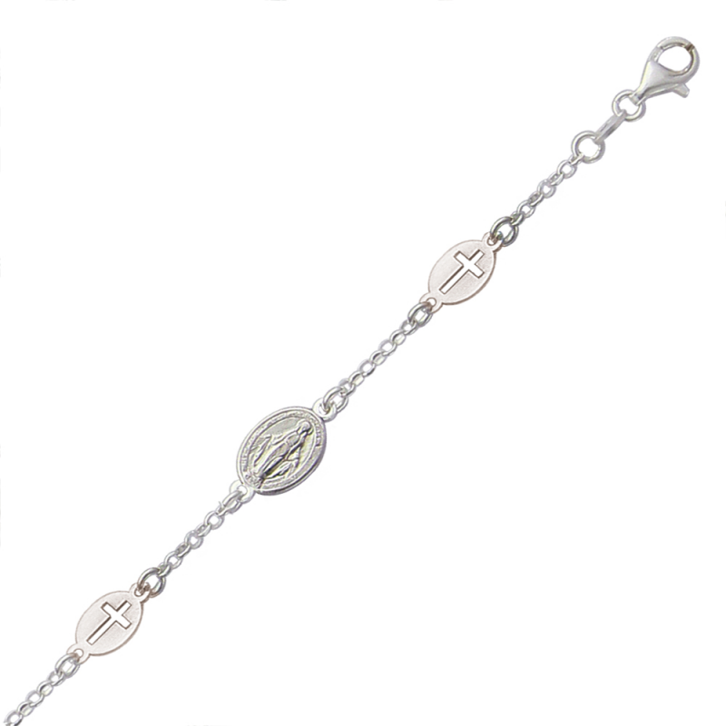 Bracelet en argent motif croix et medaille miraculeuse