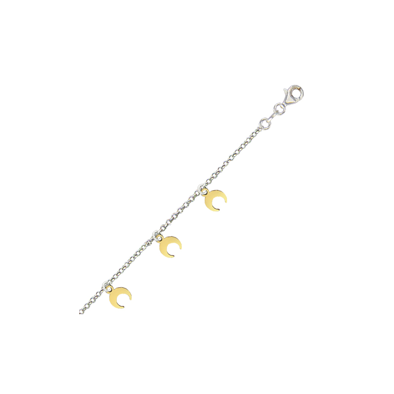 Bracelet en argent pampilles demi lune bicolore, avec chaine reglable de 2 cm