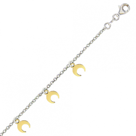Bracelet en argent pampilles demi lune bicolore, avec chaine reglable de 2 cm
