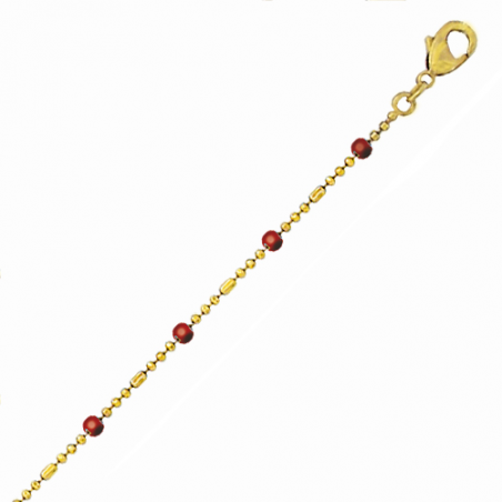Bracelet en plaqué or et boules émaillées rouge, avec chaine reglable de 3 cm