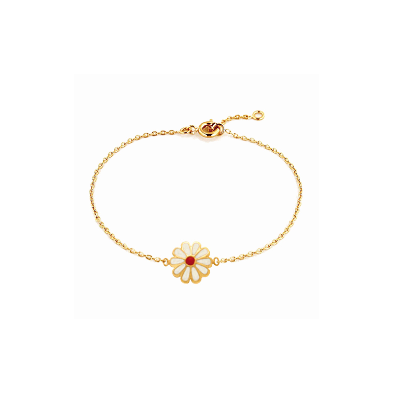 Bracelet en plaqué or, motif fleur ajouré, email, avec chaine reglable de 2 cm