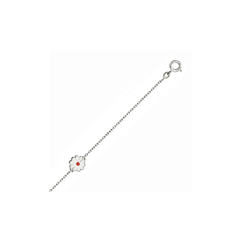 Bracelet enfant en argent, motif fleur émaillée blanc et rouge, avec chaine réglable de 2 cm