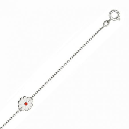 Bracelet enfant en argent, motif fleur émaillée blanc et rouge, avec chaine réglable de 2 cm