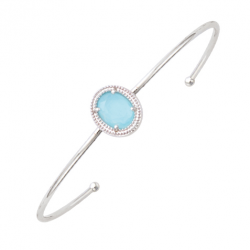 Bracelet jonc ouvert en argent, motif forme ovale pierre bleue