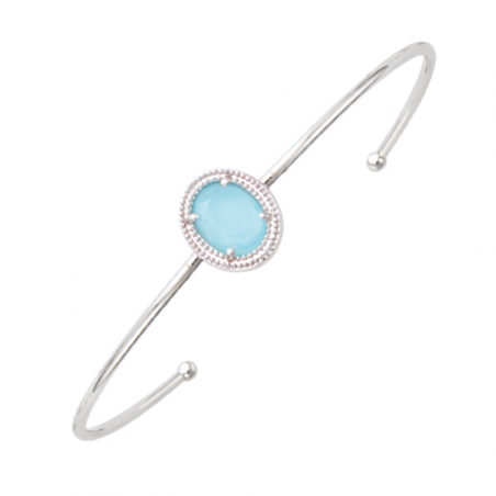 Bracelet jonc ouvert en argent, motif forme ovale pierre bleue