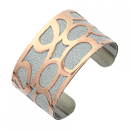 Bracelet manchette ouverte en acier rose et granité, motifs boucles