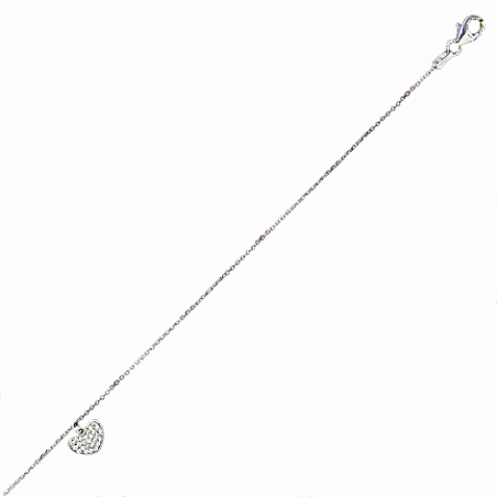 Chaine cheville en argent, motif coeur pavé en oxyde de zirconium, avec chaine réglable de 2 cm