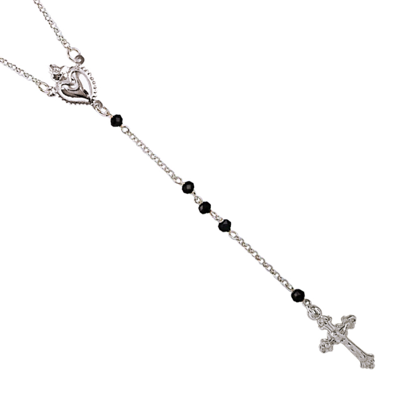 Chapelet avec des pierre noir motif croix et coeur argent