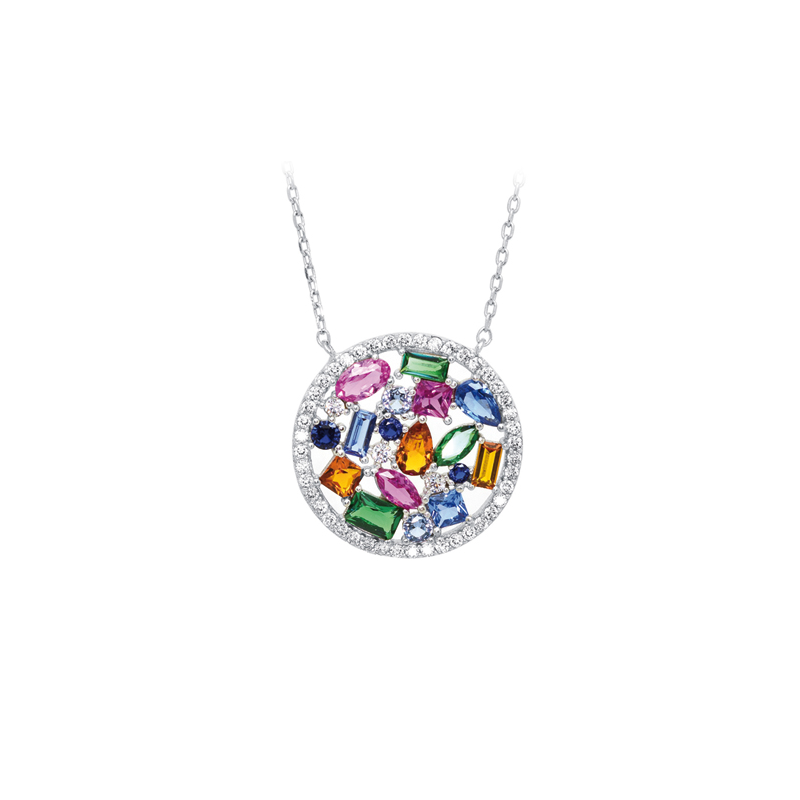 Collier en argent et oxyde de zirconium multi couleur, cercle ajouré, avec chaine regable de 3 cm