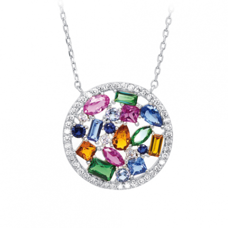 Collier en argent et oxyde de zirconium multi couleur, cercle ajouré, avec chaine regable de 3 cm