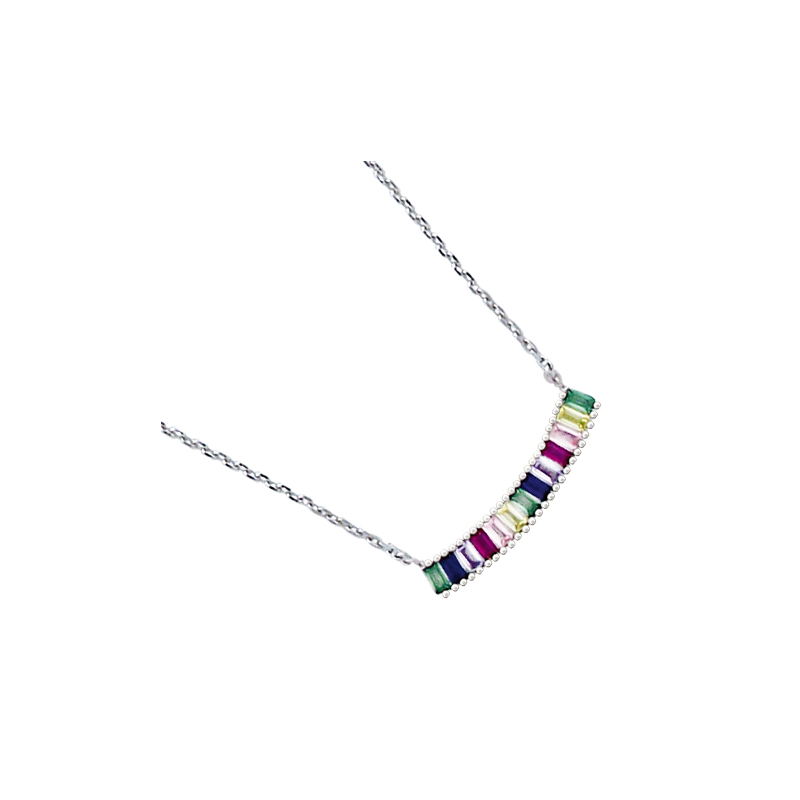 Collier en argent et oxyde de zirconium, motif baguettes multi couleur, avec chaine reglable de 3 cm