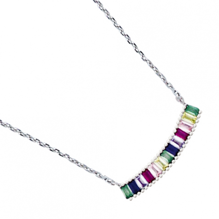 Collier en argent et oxyde de zirconium, motif baguettes multi couleur, avec chaine reglable de 3 cm