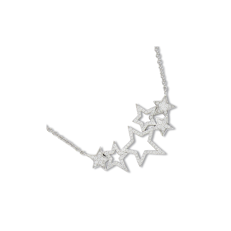 Collier en argent et oxyde de zirconium, motifs étoiles ajourées et pavées, avec chaine reglable de 5 cm