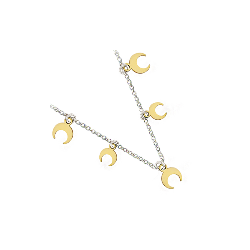 Collier en argent pampilles en demi lune bicolore, avec chaine reglable de 3 cm