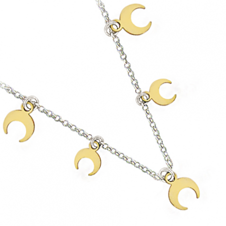 Collier en argent pampilles en demi lune bicolore, avec chaine reglable de 3 cm