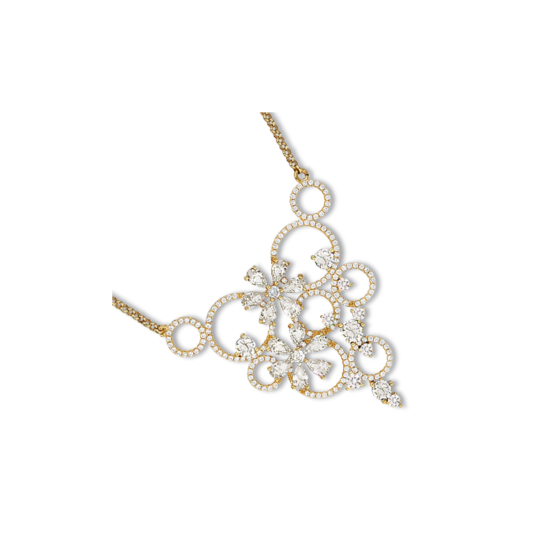 Collier en plaqué or, motif fleur et arabesques en oxyde de zirconium