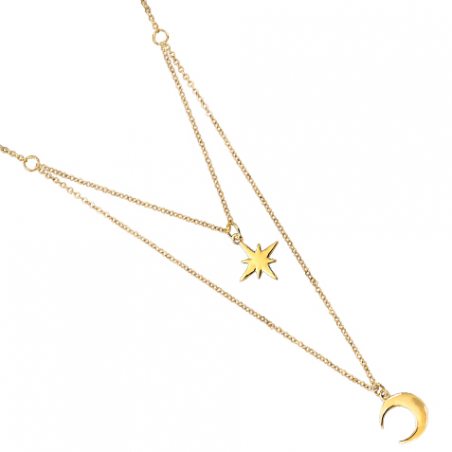 Collier plaqué or double rang , motif croissant de lune et etoile, avec chaine reglable de 4 cm