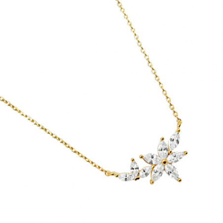 Collier plaqué or, motif fleur en oxyde de zirconium, avec chaine réglable de 5 cm