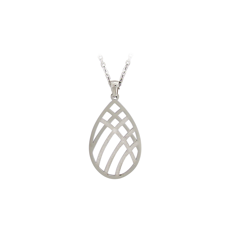 Pendentif en acier forme de goutte motif trame ajouré et granité