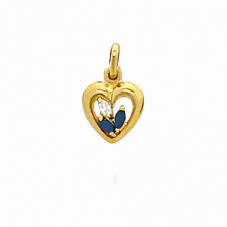 Pendentif en plaqué or, oxyde de zirconium blanc et bleu, motif coeur