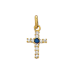 Pendentif en plaqué or, oxyde de zirconium blanc et bleu, motif croix