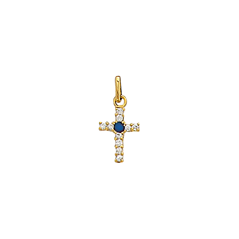 Pendentif en plaqué or, oxyde de zirconium blanc et bleu, motif croix