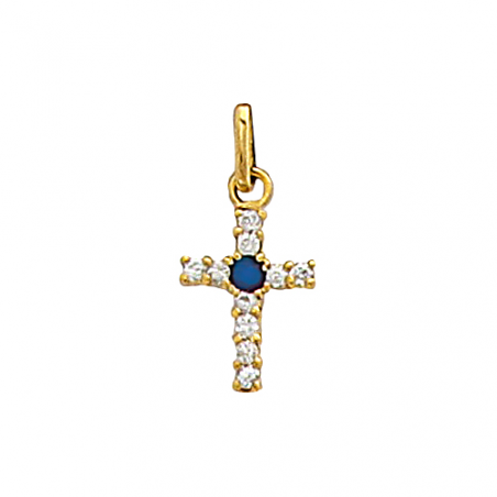 Pendentif en plaqué or, oxyde de zirconium blanc et bleu, motif croix