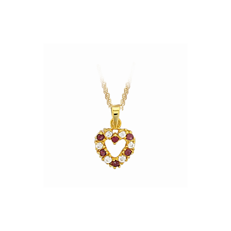 Pendentif en plaqué or, oxyde de zirconium blanc et rouge, motif coeur