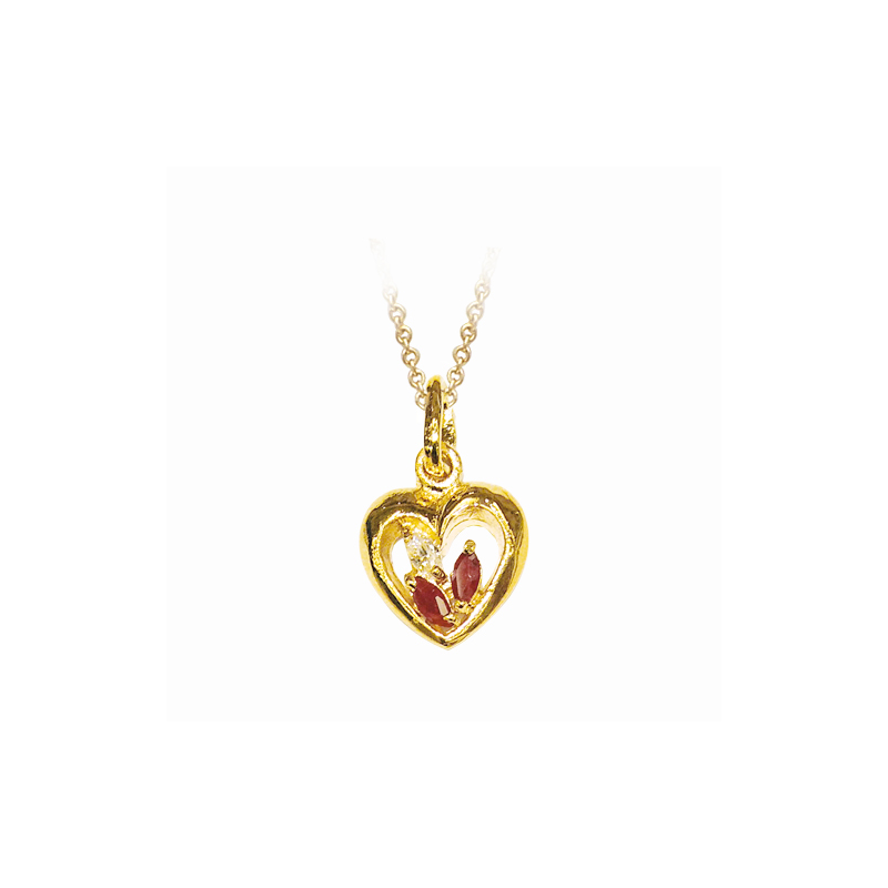 Pendentif en plaqué or, oxyde de zirconium blanc et rouge, motif coeur