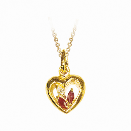 Pendentif en plaqué or, oxyde de zirconium blanc et rouge, motif coeur