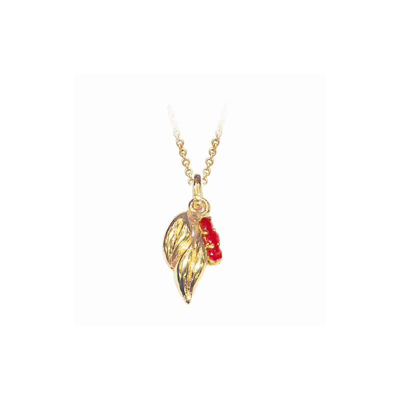 Pendentif en plaqué or, oxyde de zirconium blanc et rouge, motif feuilles