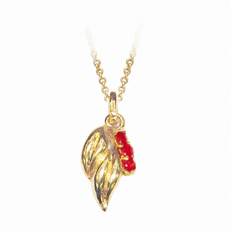 Pendentif en plaqué or, oxyde de zirconium blanc et rouge, motif feuilles