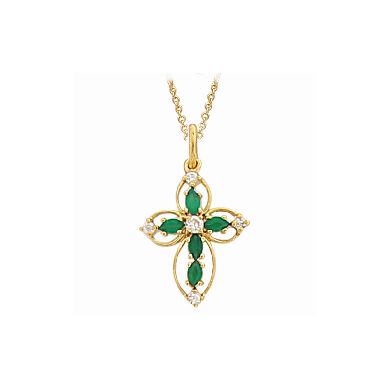 Pendentif en plaqué or, oxyde de zirconium blanc et vert, motif coeur