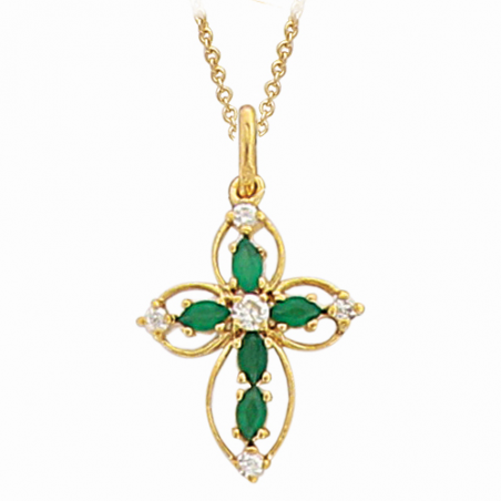 Pendentif en plaqué or, oxyde de zirconium blanc et vert, motif coeur