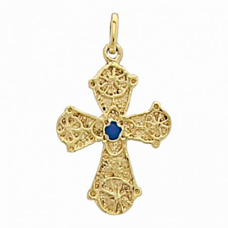 Pendentif en plaqué or, oxyde de zirconium bleu, motif croix