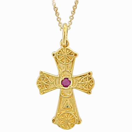 Pendentif en plaqué or, oxyde de zirconium rouge, motif croix