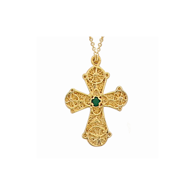 Pendentif en plaqué or, oxyde de zirconium vert, motif croix